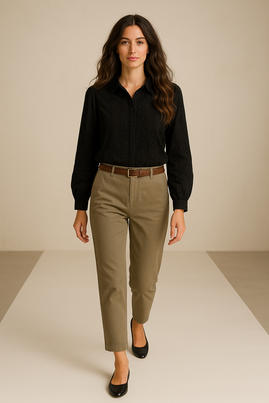 Model wearing Noir by Lina Celeste Embroidered Lace Shirt in black, styled with khaki trousers and a brown belt for an elegant casual look