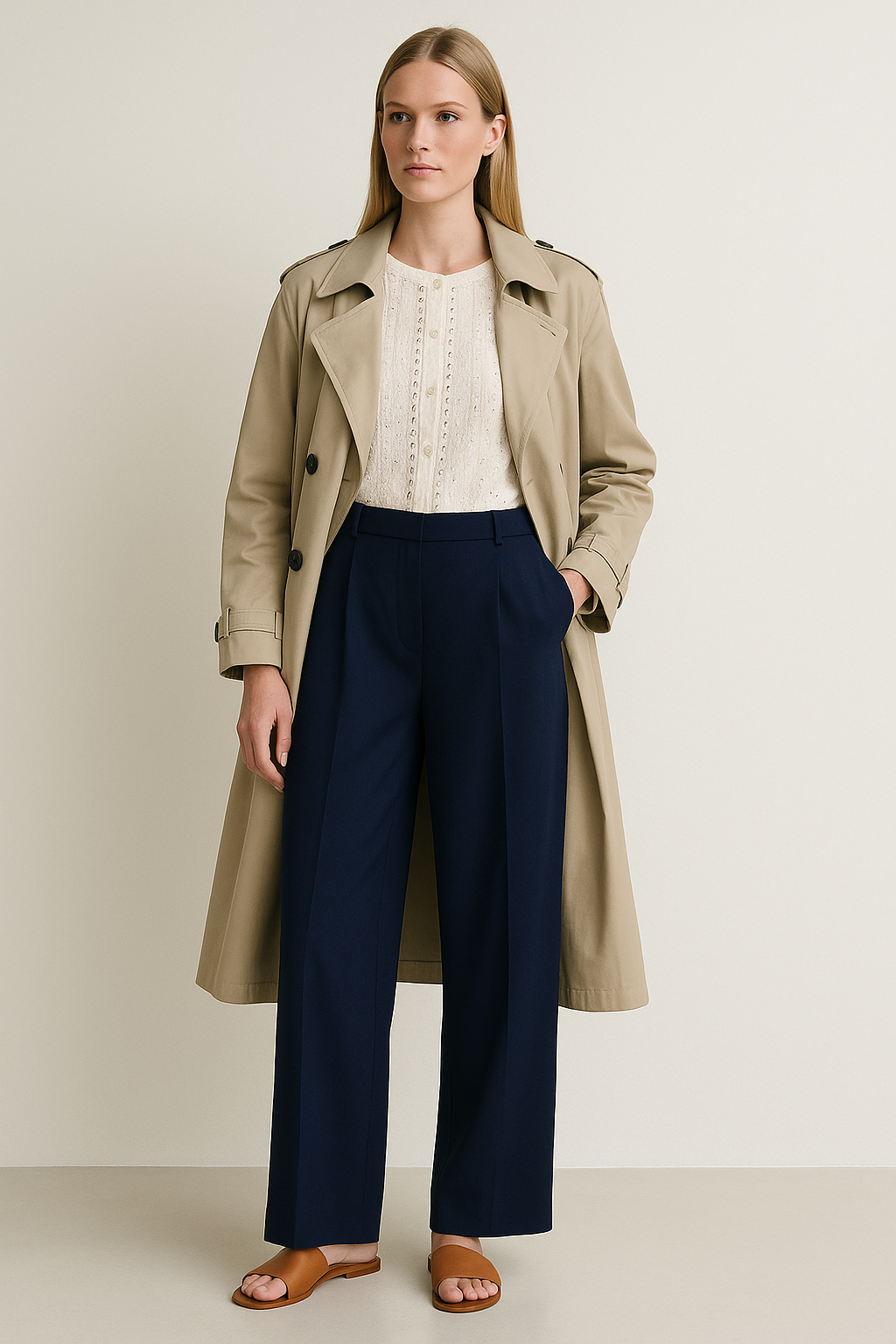 Model wearing deep blue classic fit skinny straight trousers by Noir by Lina styled with embroidered blouse and trench coat