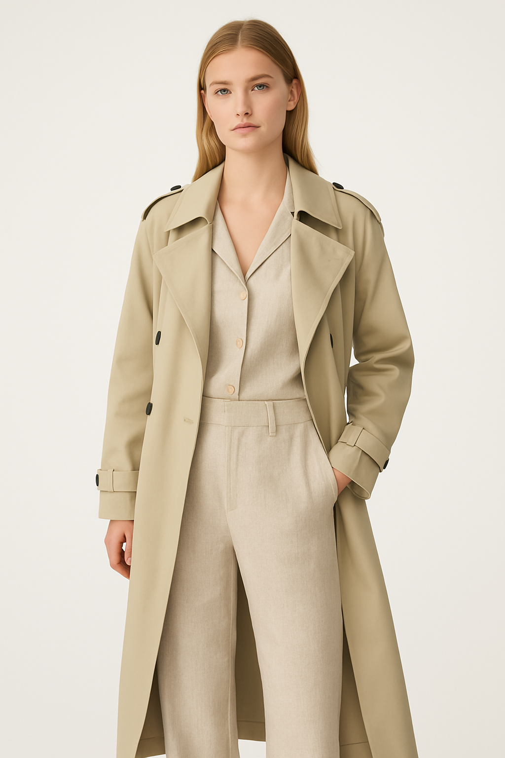 Timeless Longline Trench Coat In Khaki
