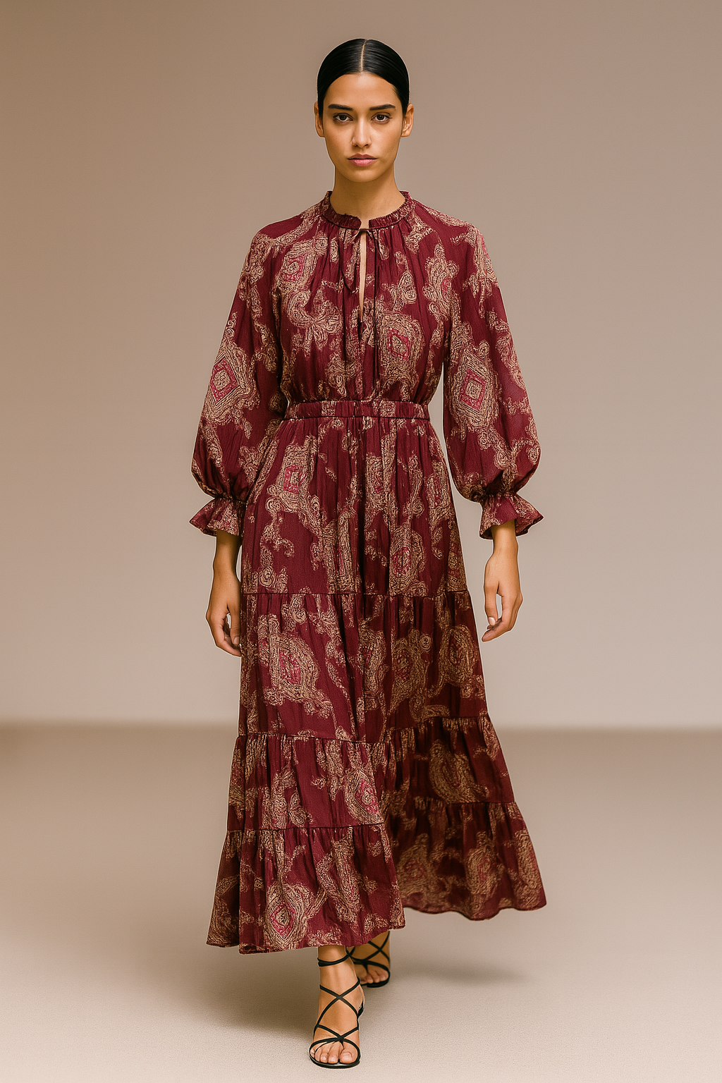 Front view of model wearing the Florence tiered dress