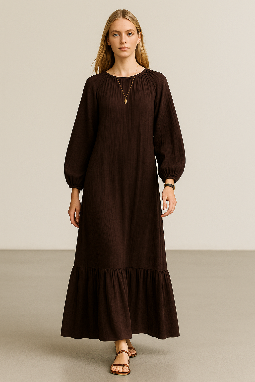 Blonde model in her 20s walking a runway in a chocolate coloured maxi dress with puff sleeves, ruffled hem, and flat sandals.