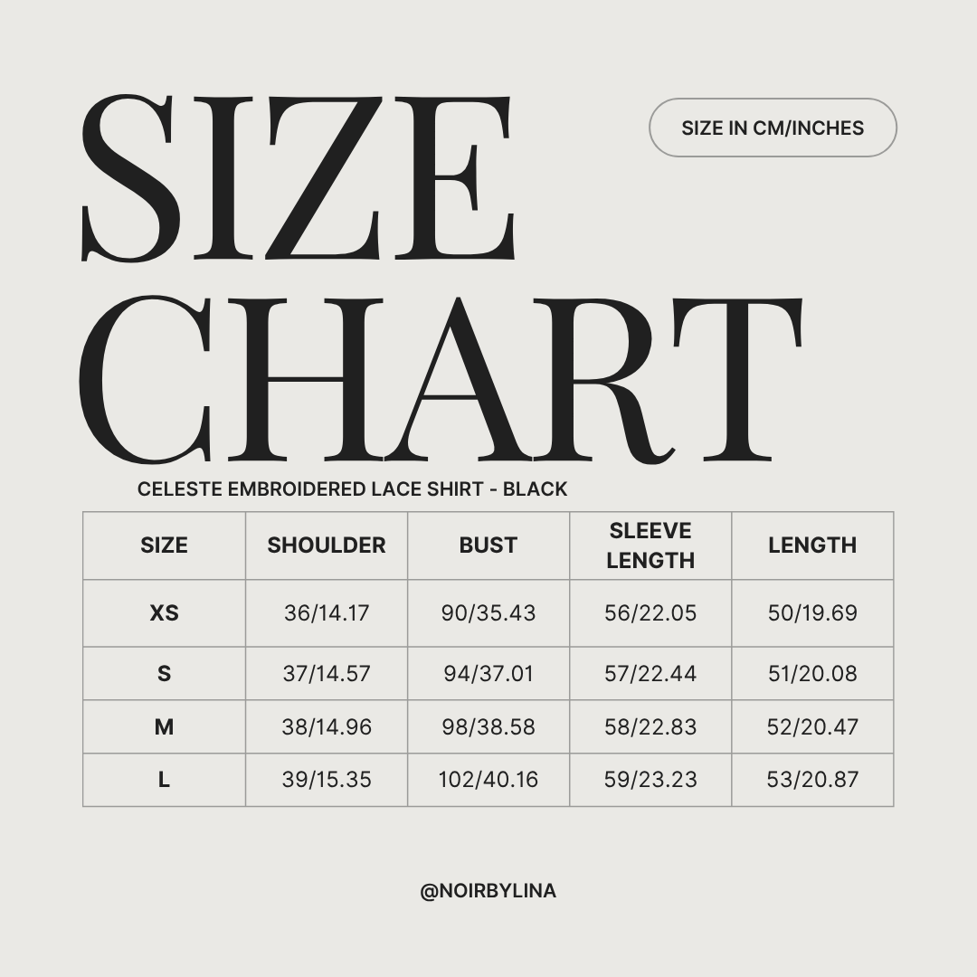 Size chart for the celeste embroidered lace shirt in black. Sizes range from XS-L
