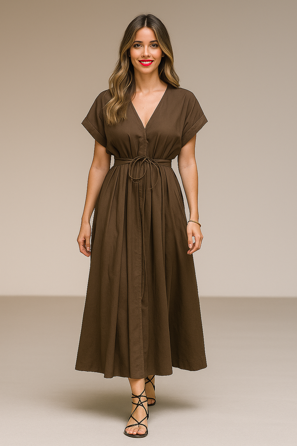 Model wearing an ankle-length olive green A-line dress with a deep V-neckline, relaxed raglan sleeves, and a drawstring waist, walking on a neutral runway in strappy black sandals.