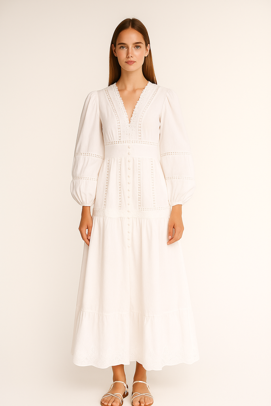 Young woman wearing an ankle-length slim-fit white dress with lace detailing, V-neckline, tonal front buttons, gathered cuffs, and scalloped hem, styled with white strapped flat sandals.
