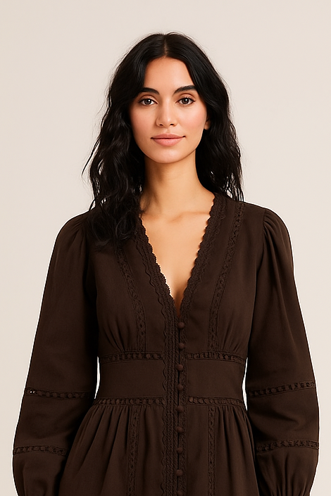 close up of model wearing the chocolate laurel lace dress