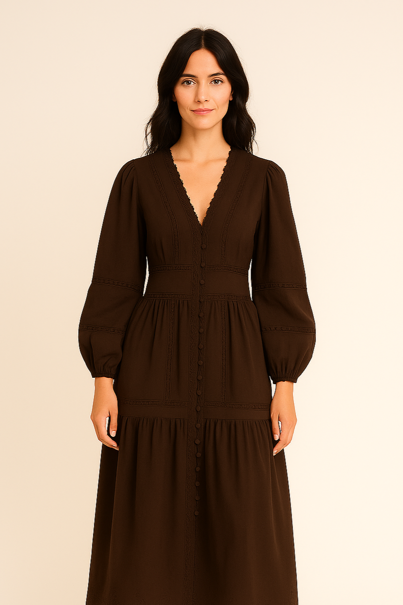 model wearing laurel lace dress in chocolate