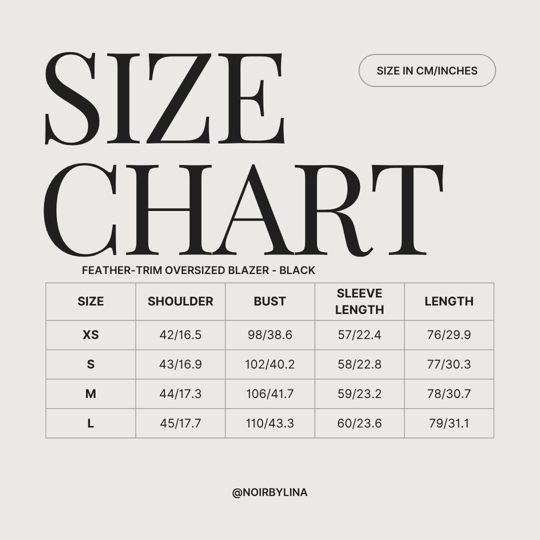 Size chart for the Feather-Trim Oversized Blazer in Black. Sizes range from XS-L