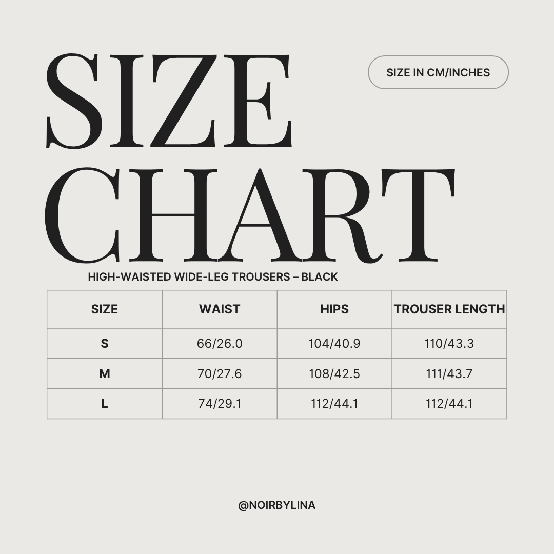 Size chart for High-Waisted Wide-Leg Trousers in Black. Sizes range from S-L