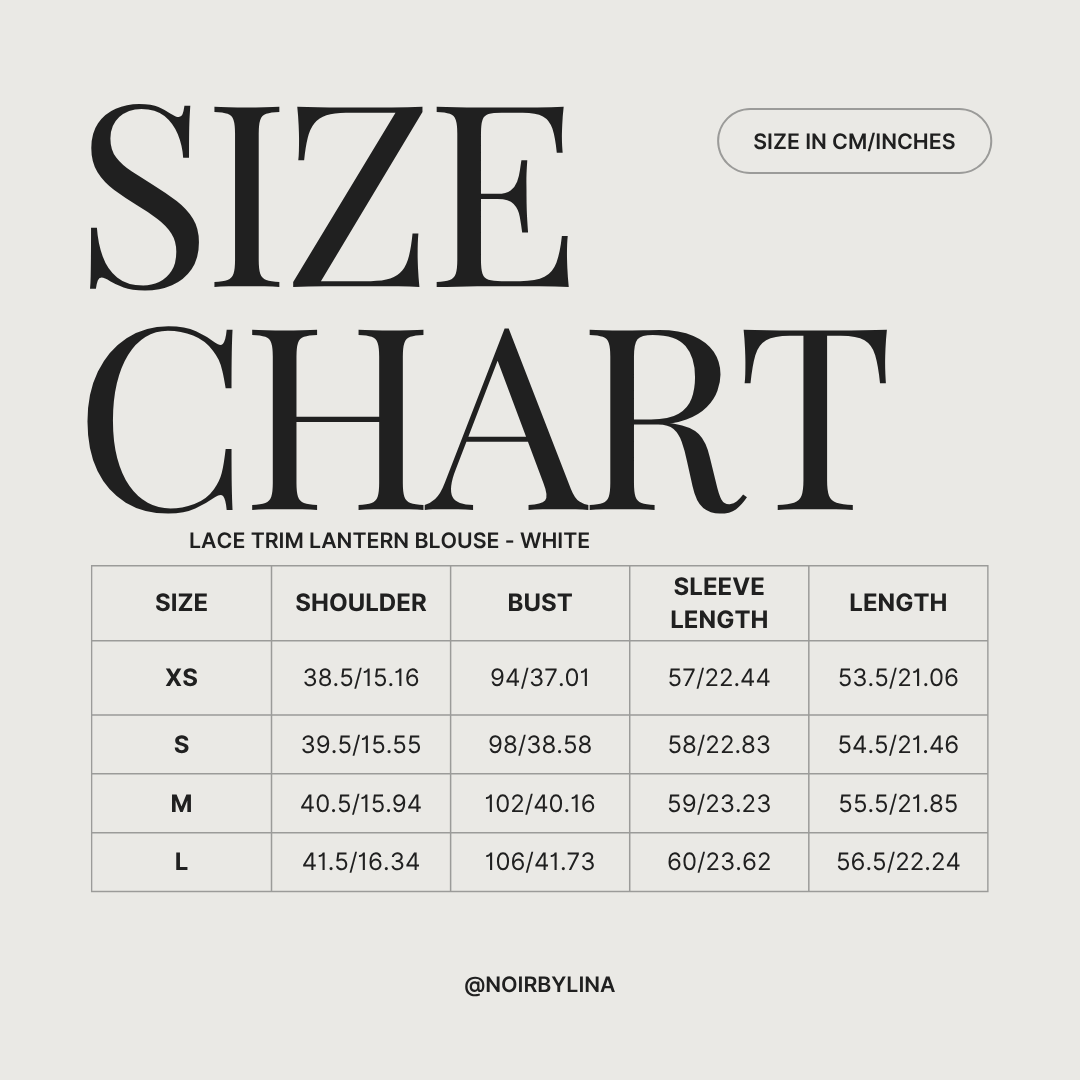 Size chart for the Lace Trim Lantern Blouse in white. Sizes range from XS-L