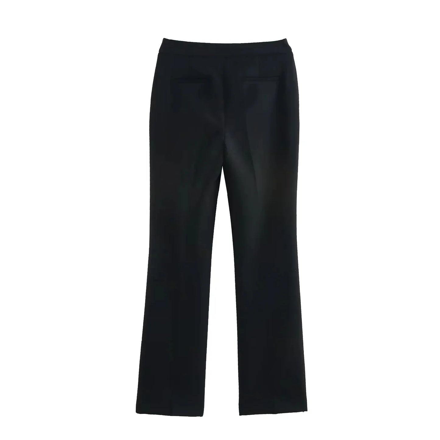 Back view of slim flared trousers in black from the Valencia Power Suit, featuring minimal welt pocket detailing