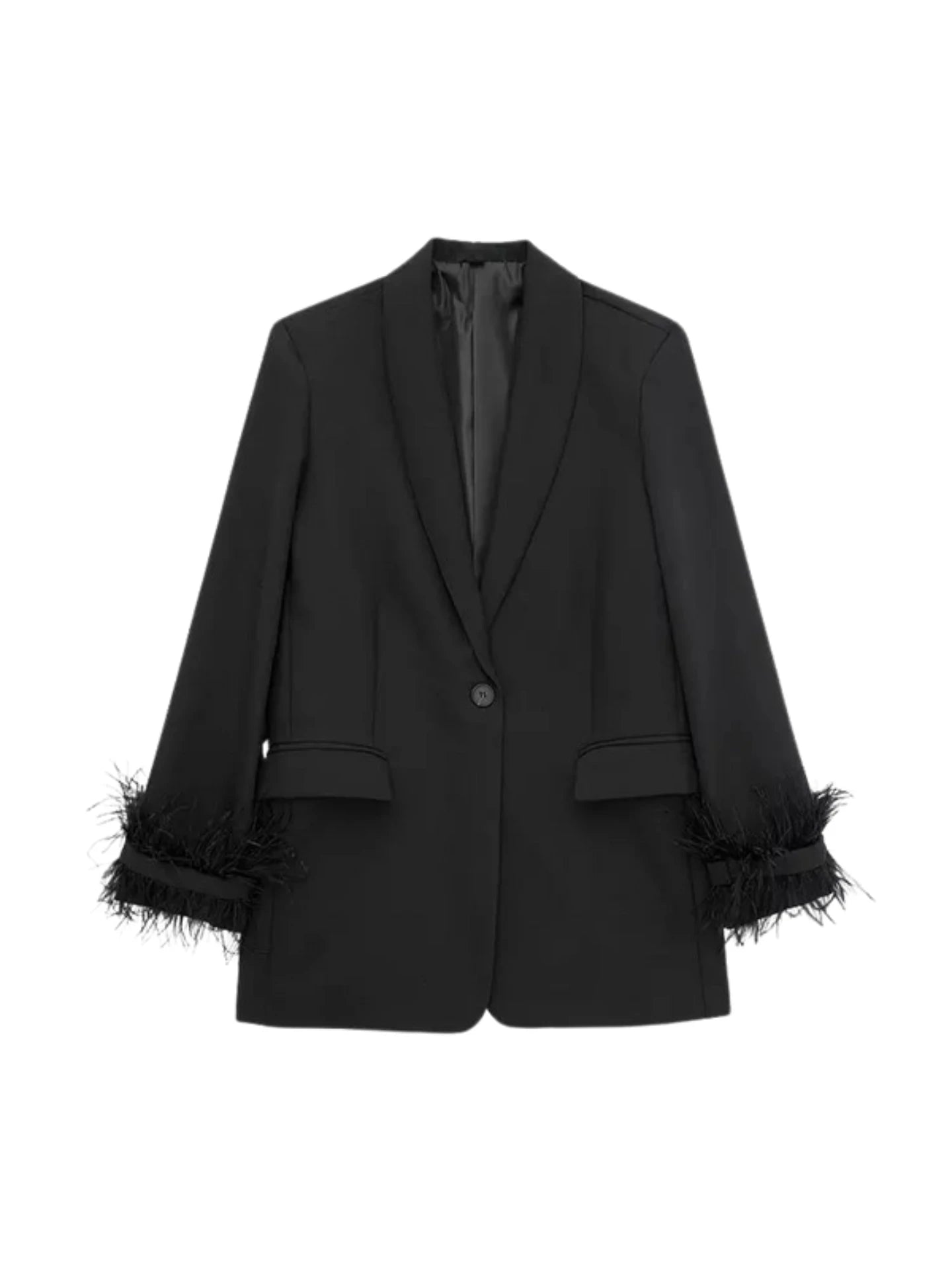 Front view of black Feather Trim Oversized Blazer by Noir by Lina, featuring single-button closure and feather detail at cuffs