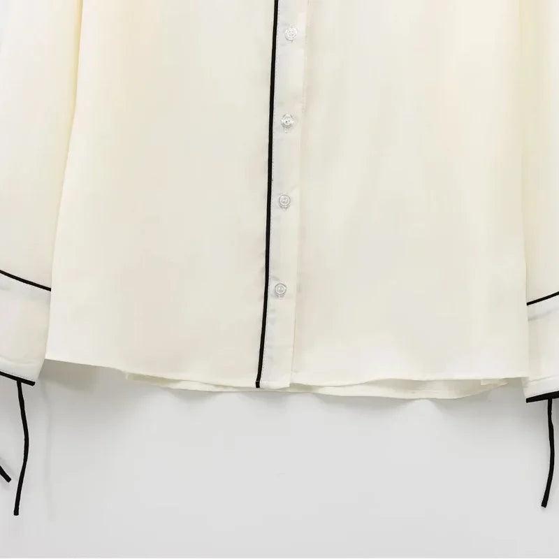 Butterfly Tie Contrast Blouse - Beige