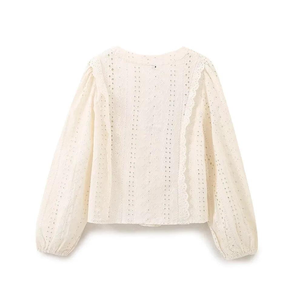 Embroidered Fluff Blouse - Beige