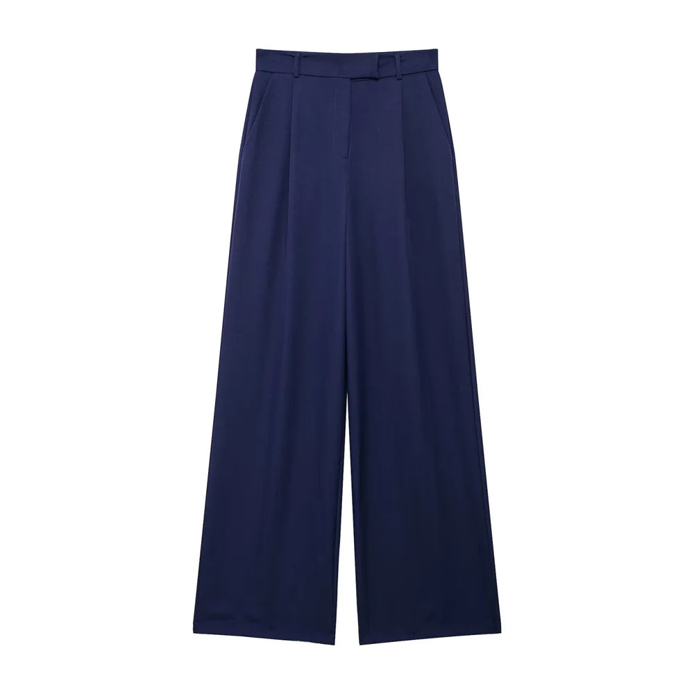 Deep blue high-waisted straight trousers by Noir by Lina, with soft pleats and wide leg design