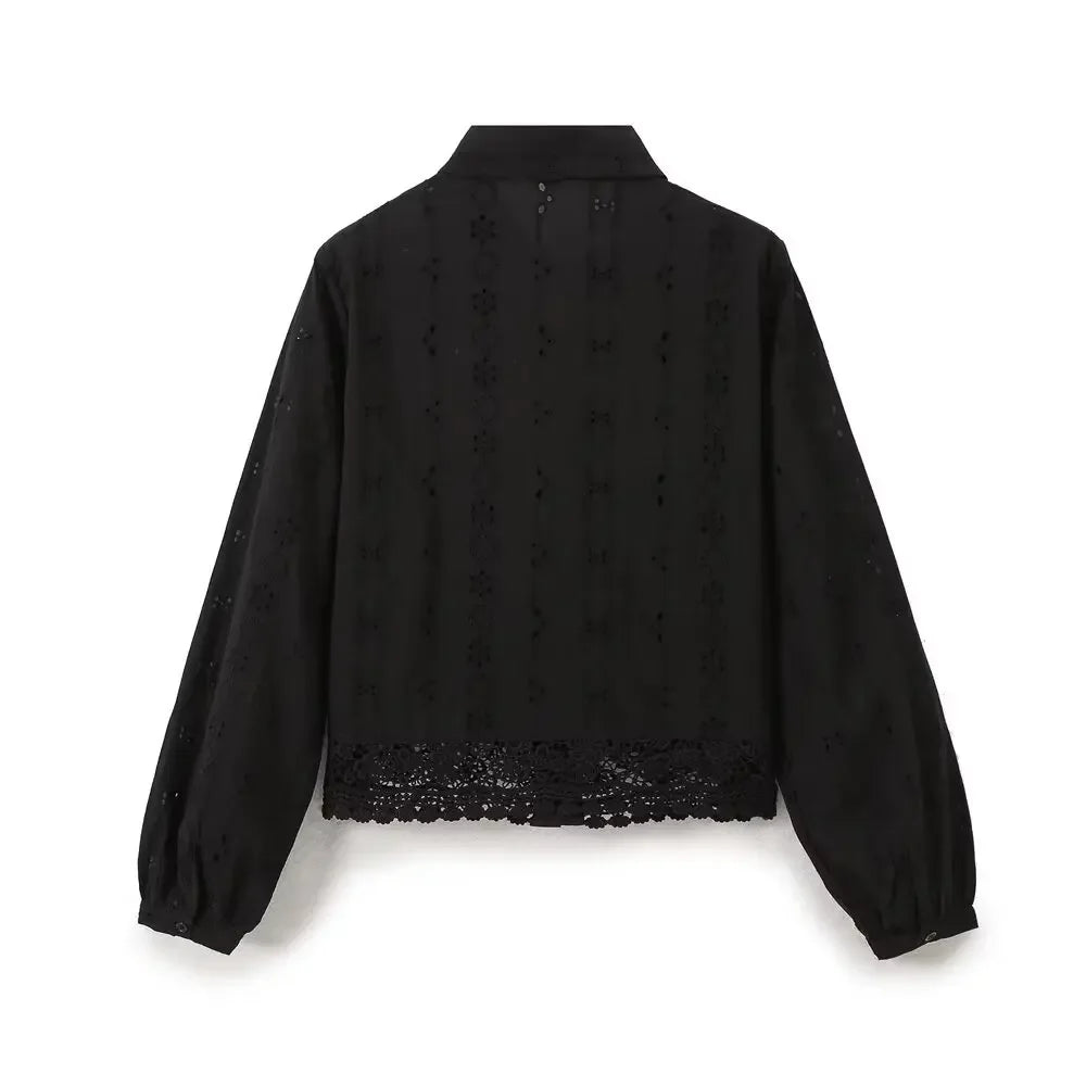 Back view of black Celeste Embroidered Lace Shirt showing subtle embroidery and scalloped lace hem by Noir by Lina