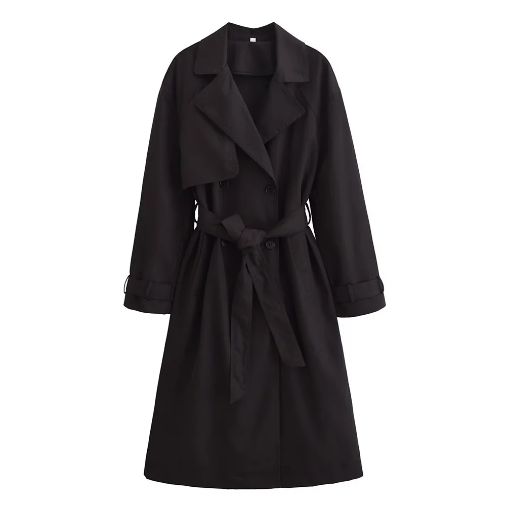 Front view of The Noir Trench coat in black, featuring a turn-down collar, long sleeves, and a belted waist.