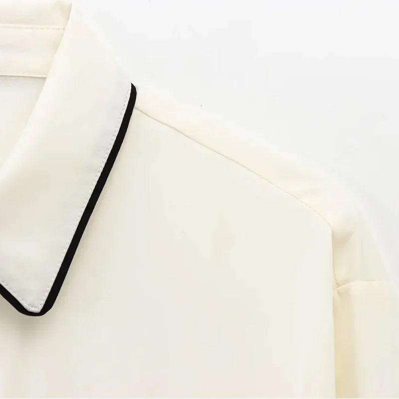 Butterfly Tie Contrast Blouse - Beige