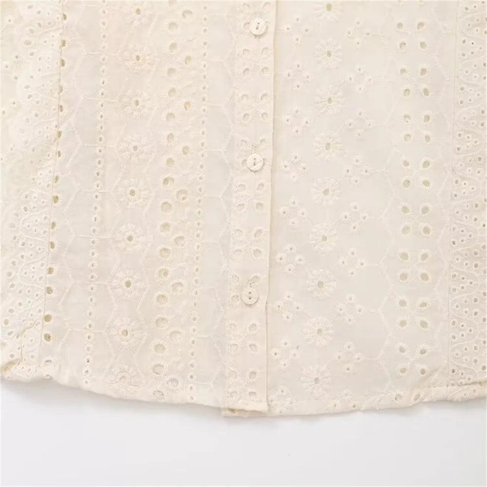 Embroidered Fluff Blouse - Beige
