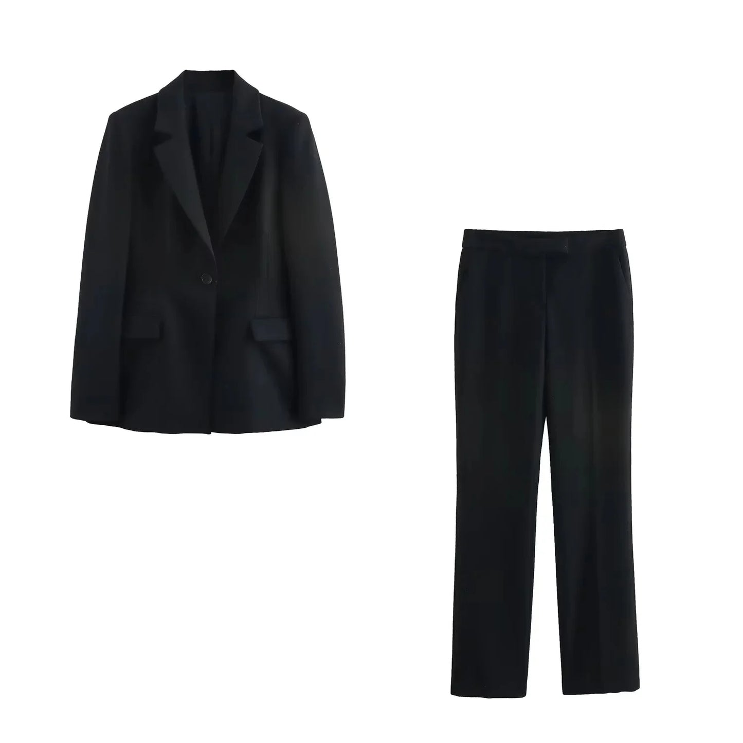 Noir by Lina Valencia Power Suit in black, featuring a single-breasted tailored blazer with lapel collar and slim flared trousers