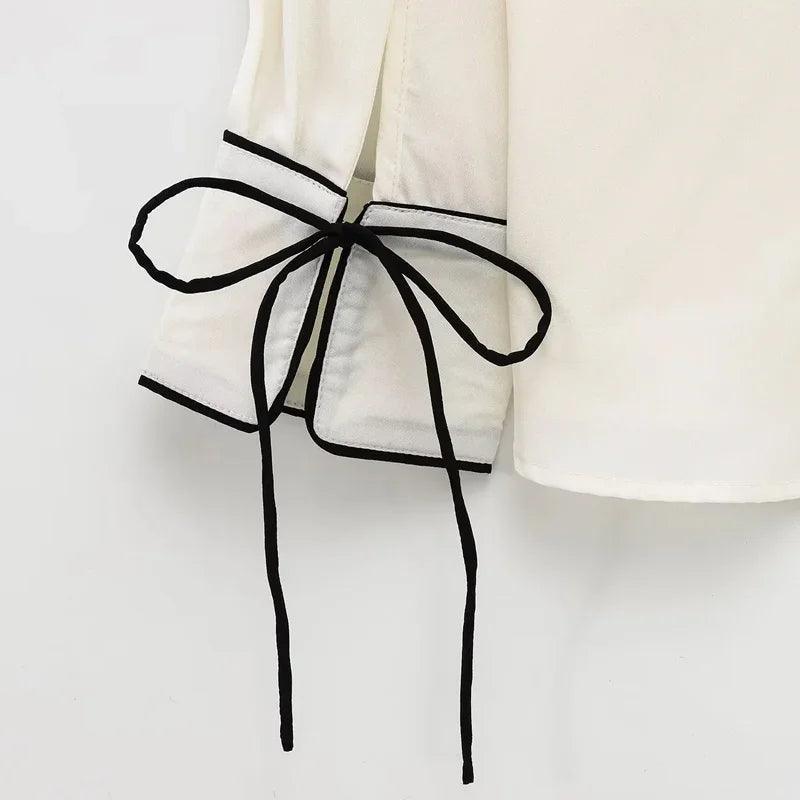 Butterfly Tie Contrast Blouse - Beige