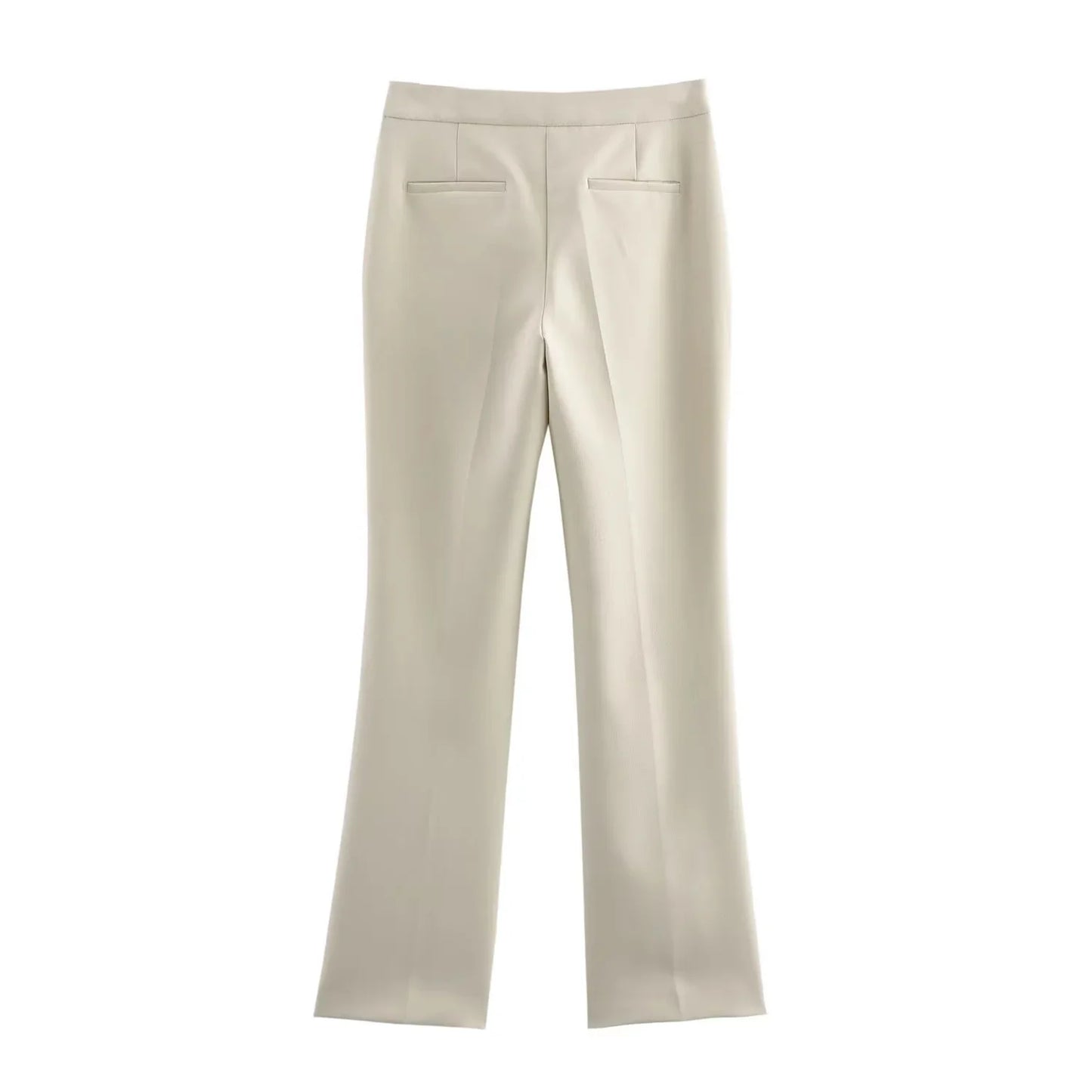 Back view of slim flared trousers in white from the Valencia Power Suit, featuring minimal welt pocket detailing.