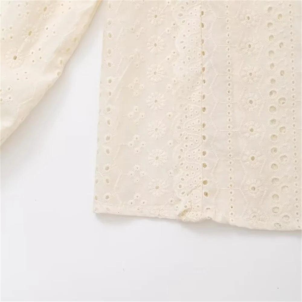 Embroidered Fluff Blouse - Beige