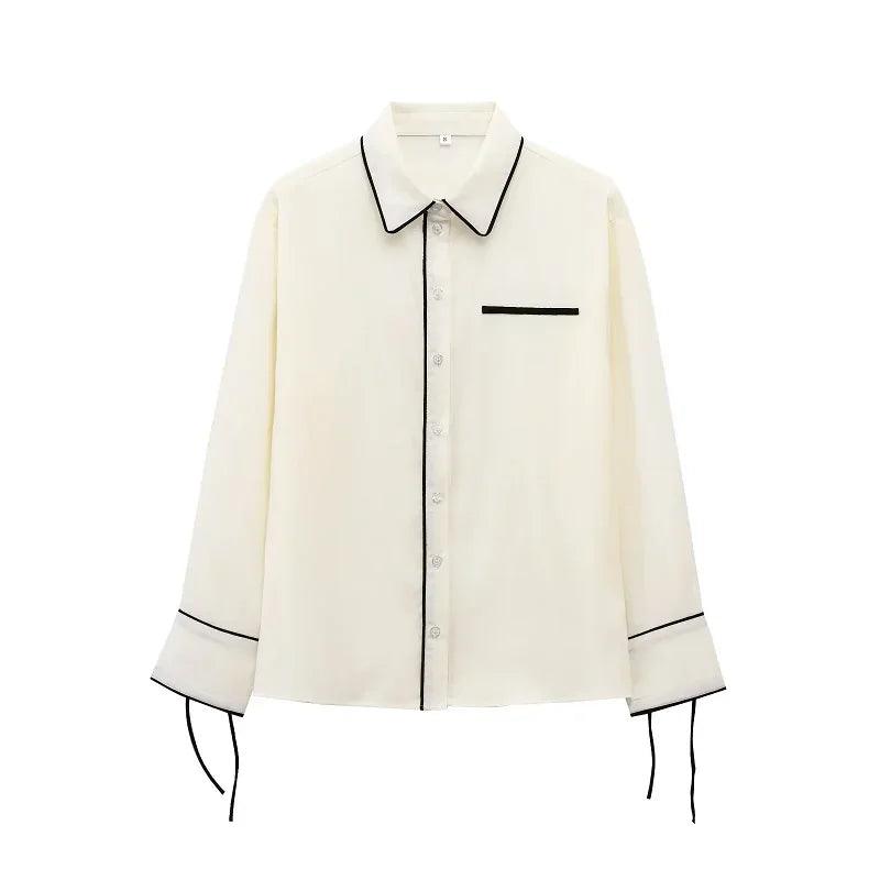 Butterfly Tie Contrast Blouse - Beige