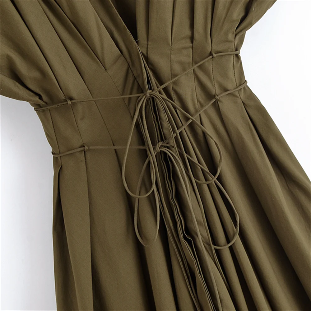 view of waistline of olive A line dress