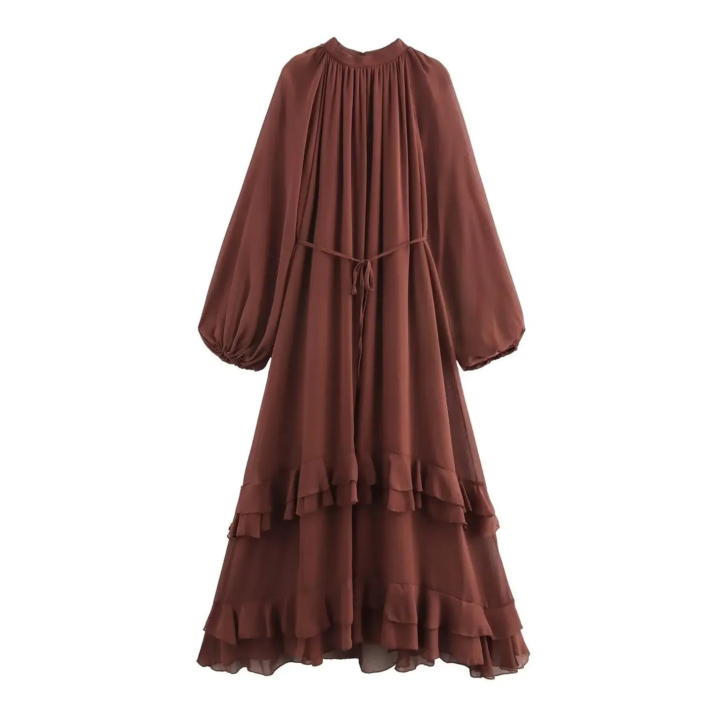 Front flat lay view of the sienna brown ankle-length A-line dress with full lantern sleeves, gathered bodice, tiered hem, and a stand collar, styled with a relaxed, bohemian elegance.