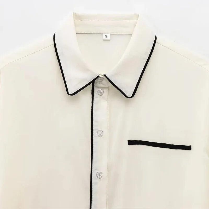 Butterfly Tie Contrast Blouse - Beige