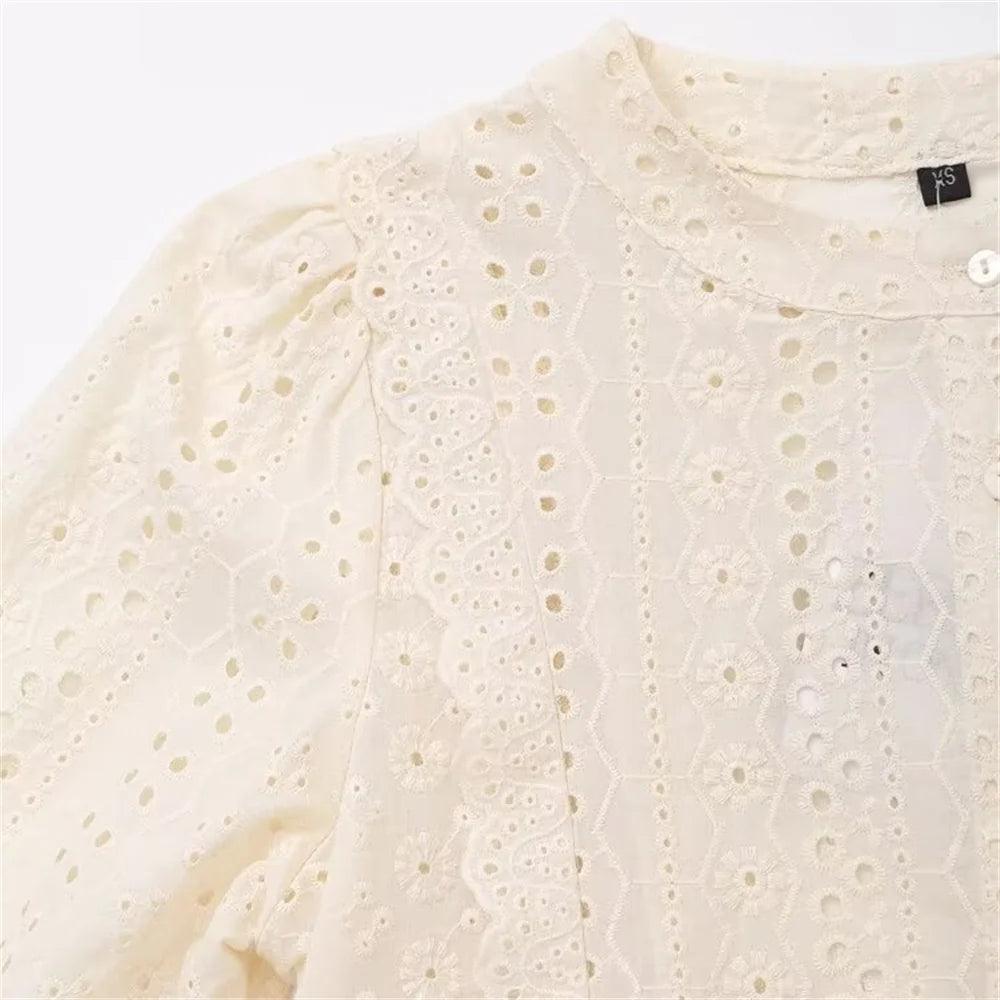 Embroidered Fluff Blouse - Beige