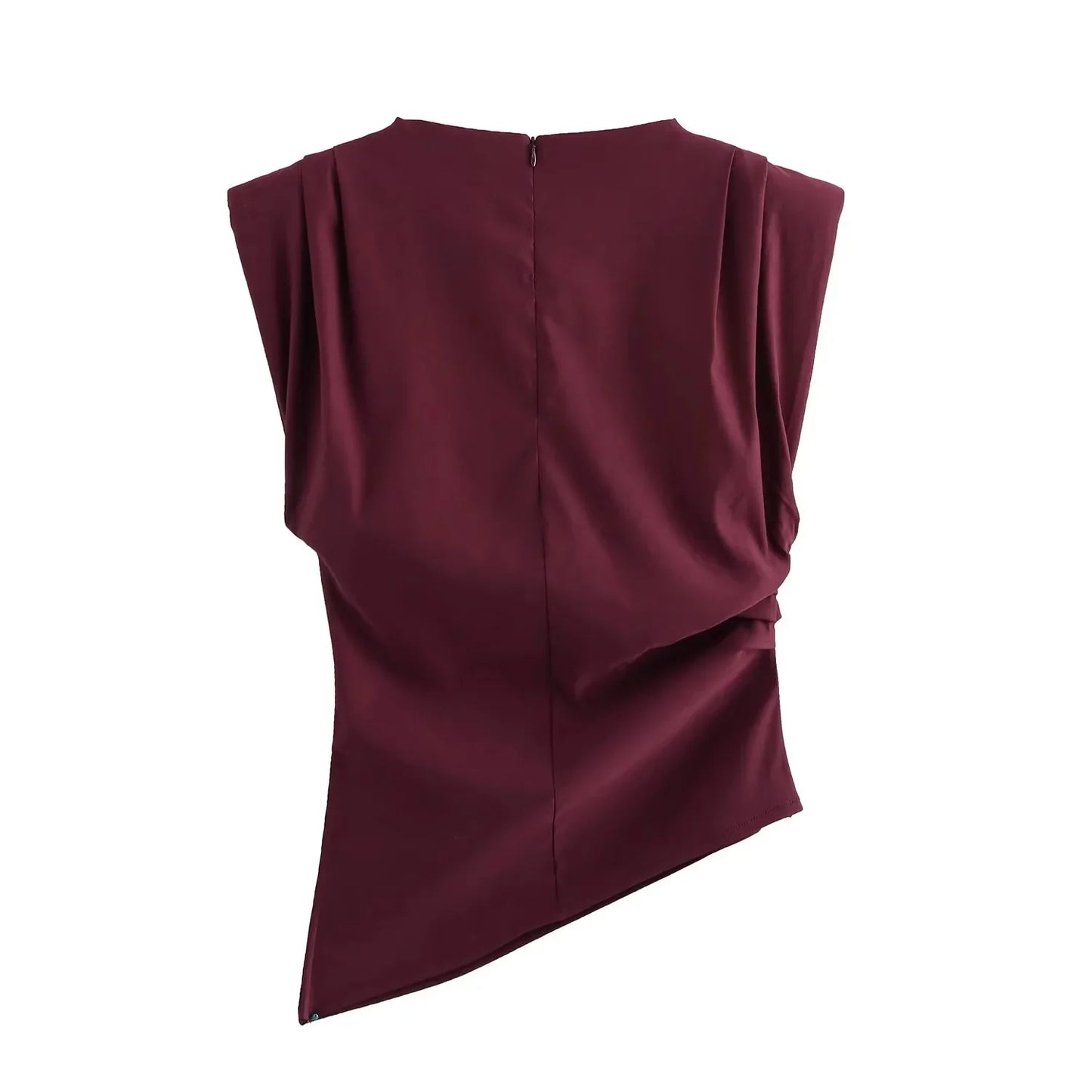 Wine red sleeveless top with draped shoulders on a white background