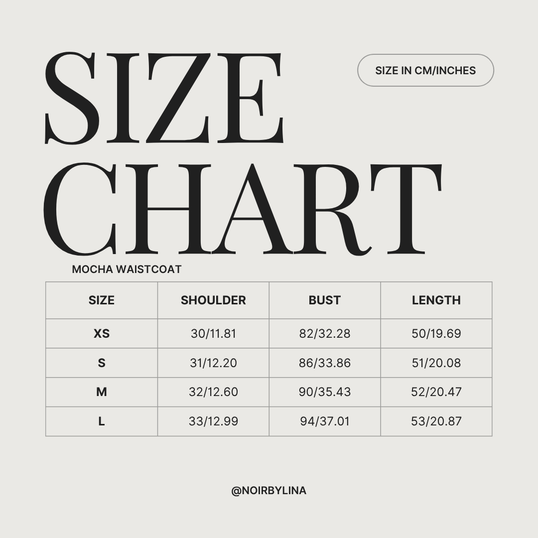 size guide for the mocha suit waistcoat. measurements include; shoulder, bust and length.