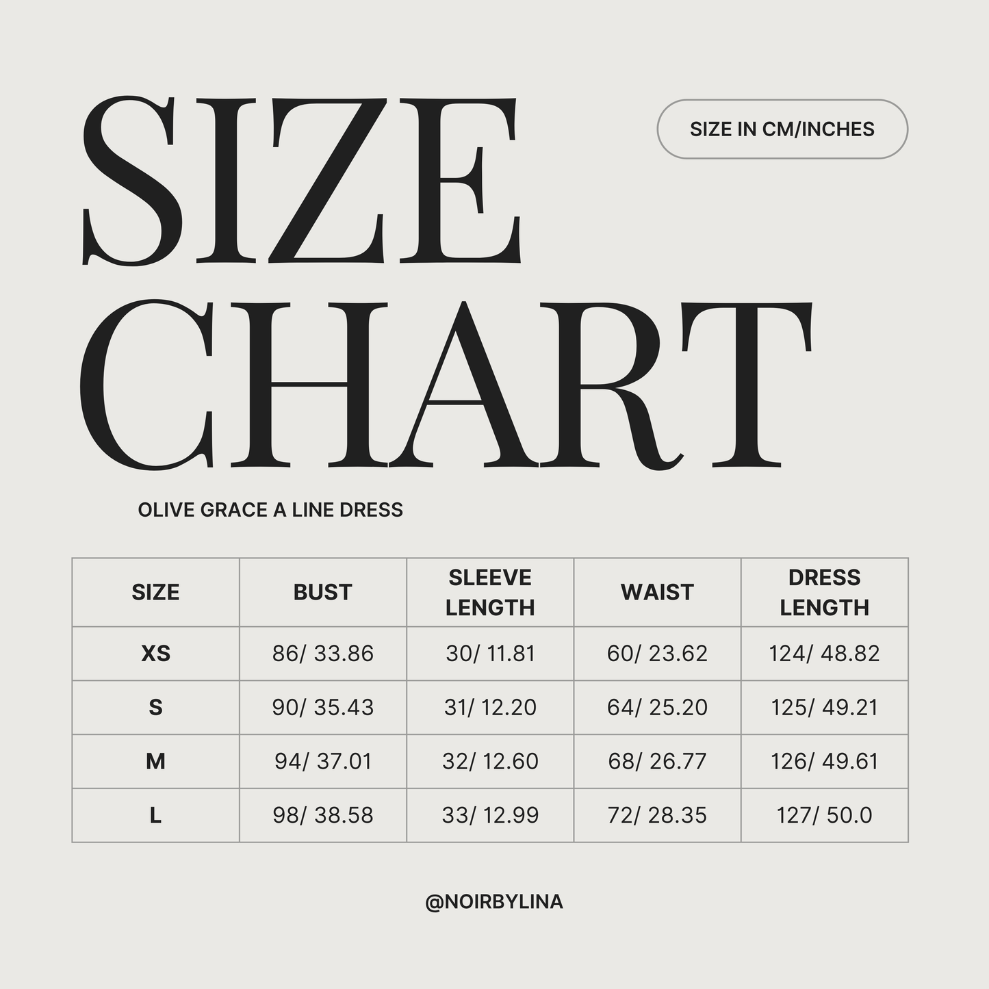 size guide for the olive grace a-line dress