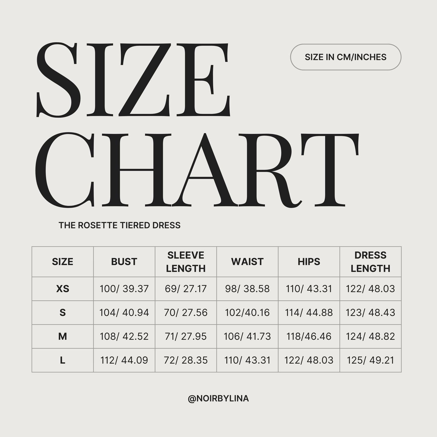 Size chart for the rosette tiered dress