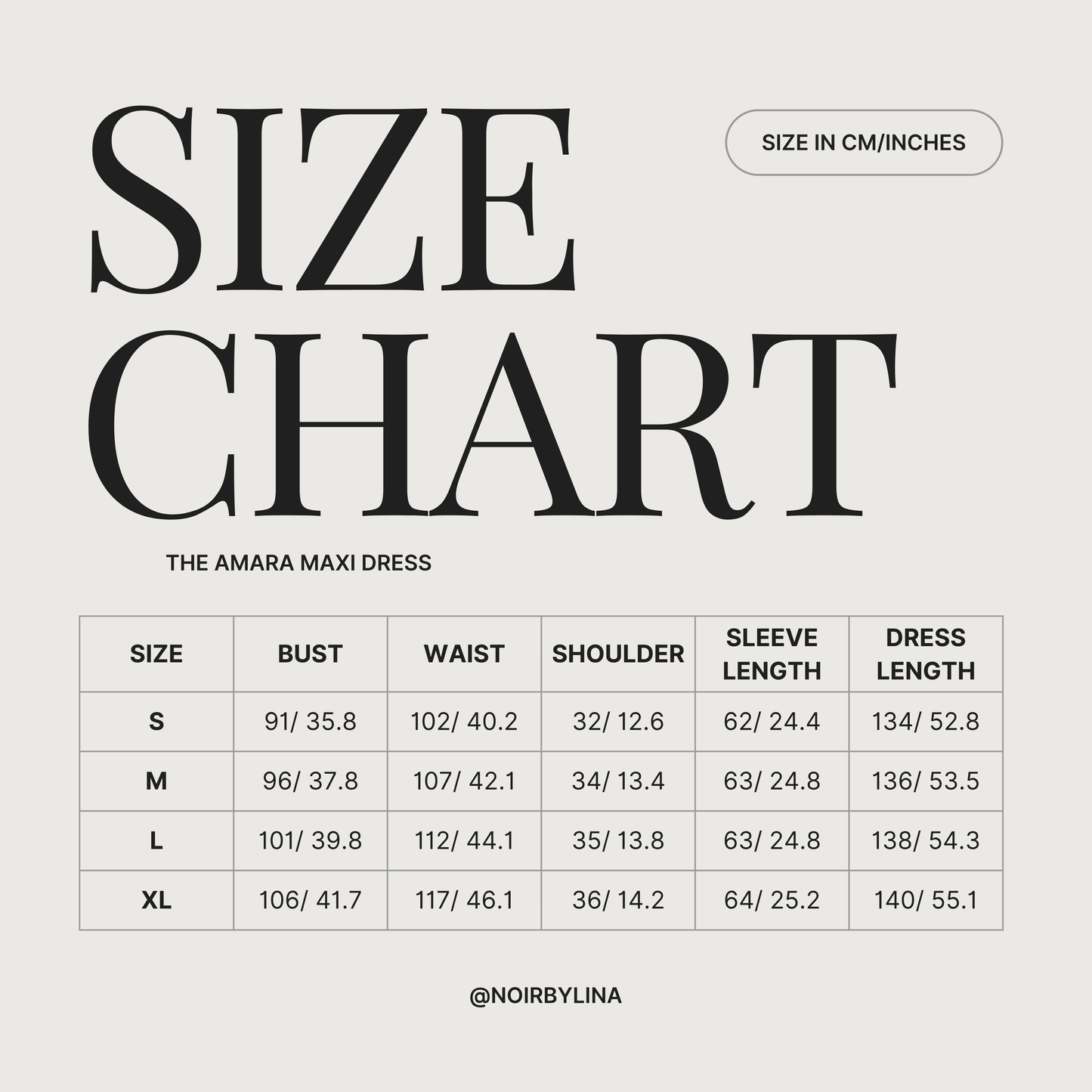 size guide for amara maxi dress