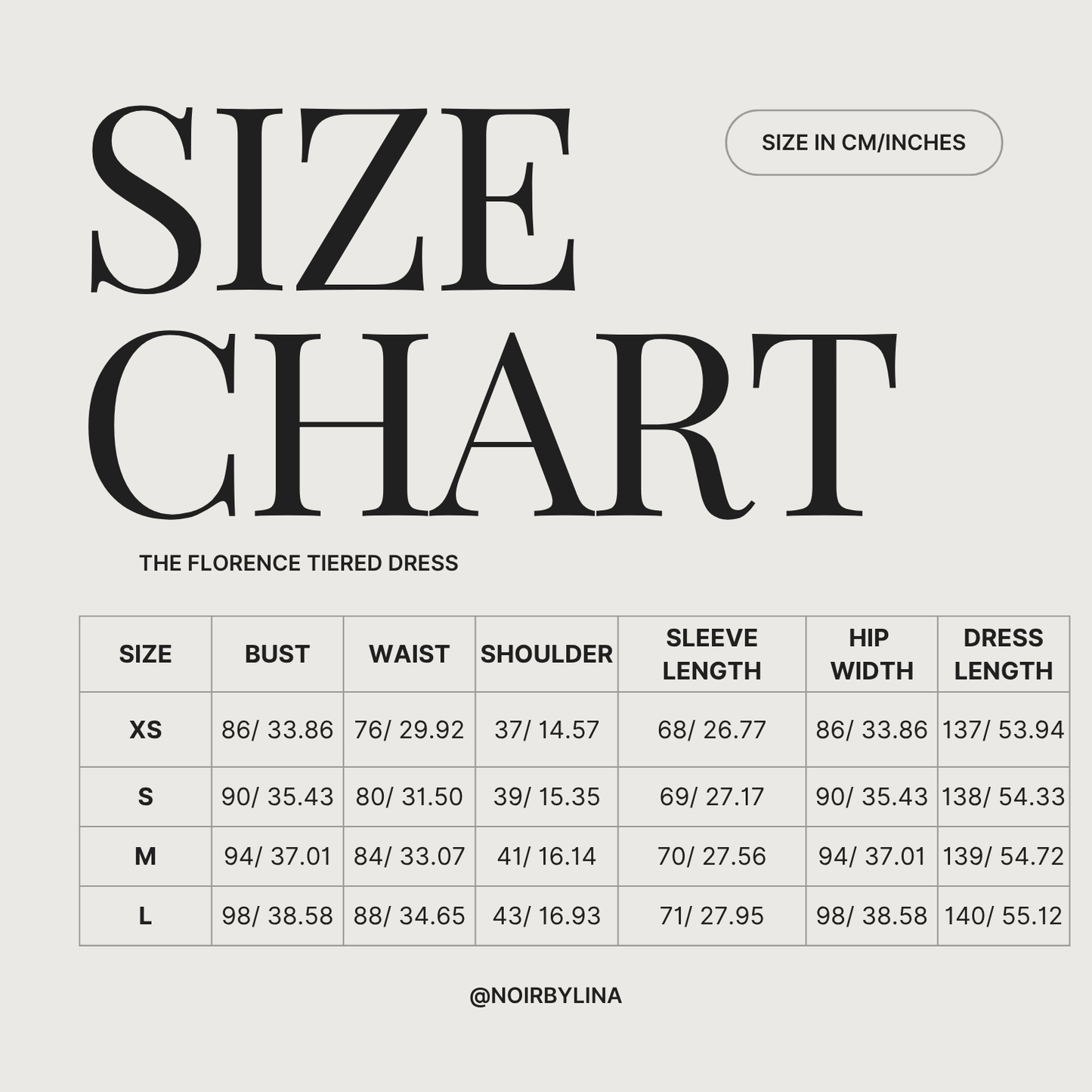 size chart for the florence tiered dress
