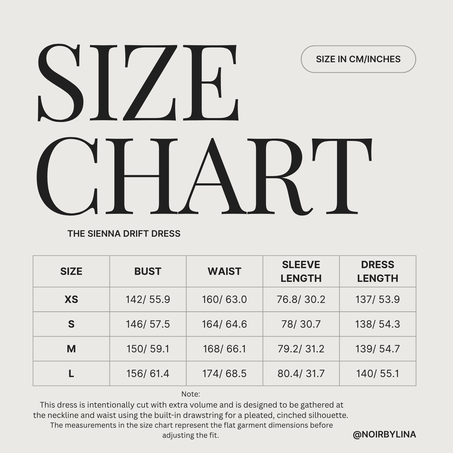 Size chart of the sienna drift dress