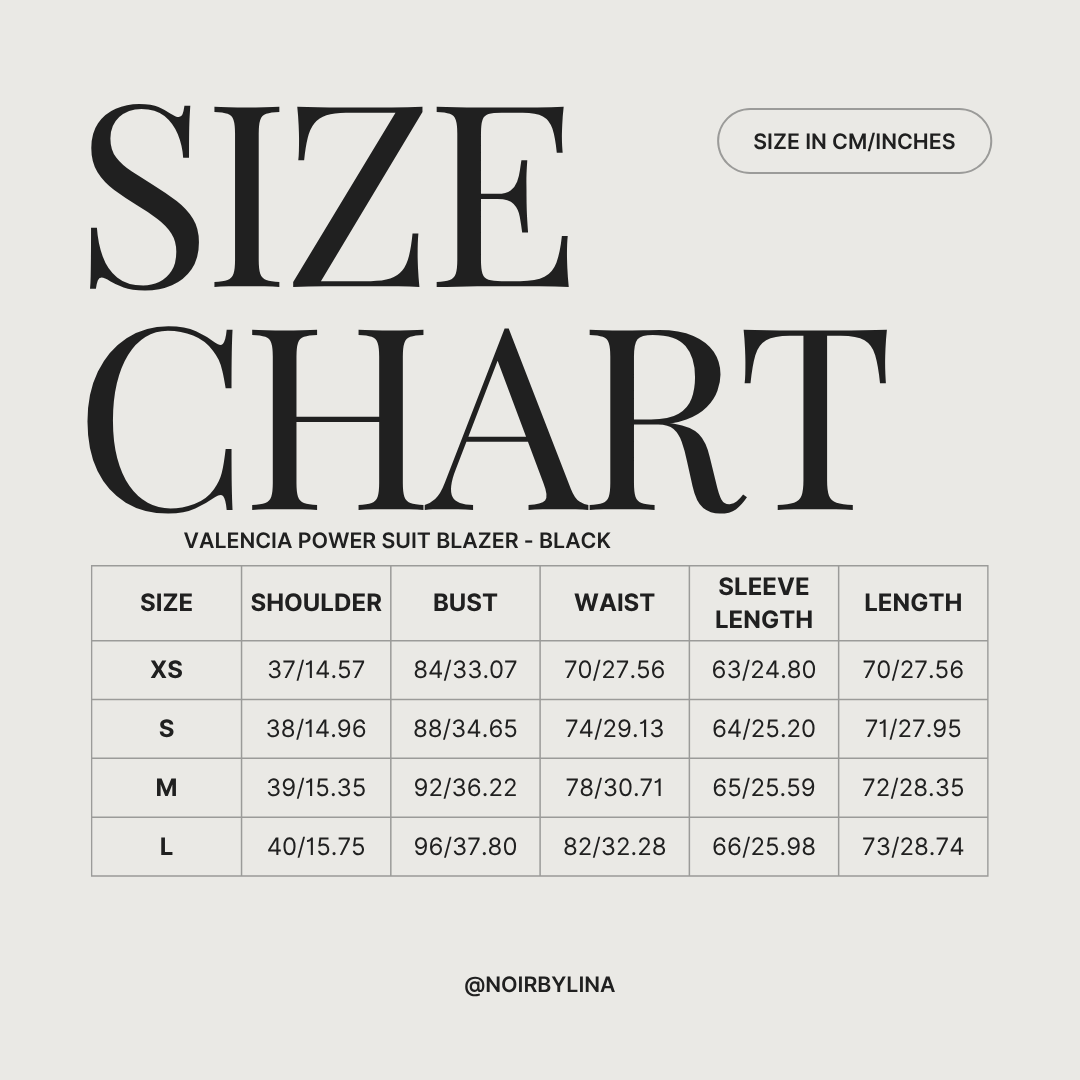 size chart for the valencia power suit blazer in black. sizes range from XS-L
