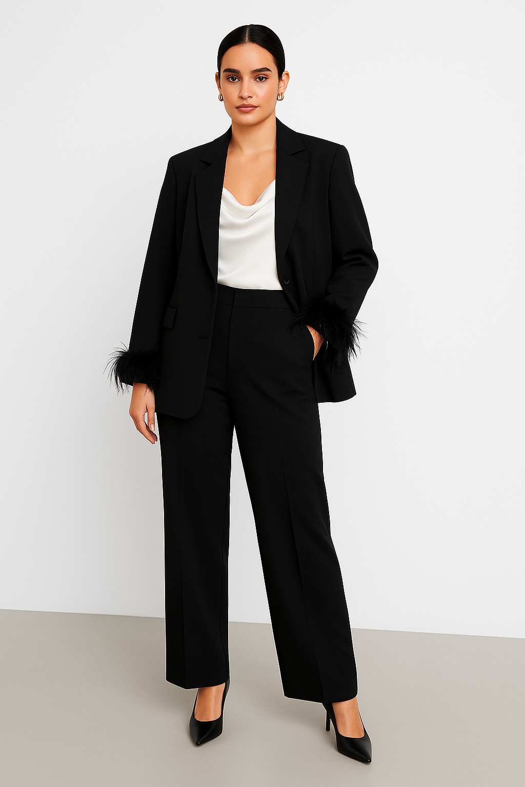 Model wearing Noir by Lina Feather Trim Oversized Blazer in black, styled with wide-leg trousers and ivory draped blouse for an elevated evening look