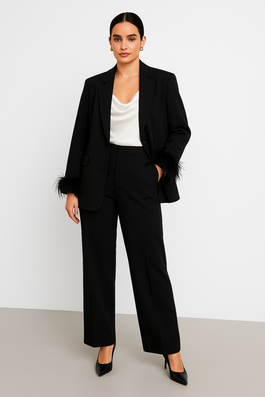 Model wearing Noir by Lina Feather Trim Oversized Blazer in black, styled with wide-leg trousers and ivory draped blouse for an elevated evening look