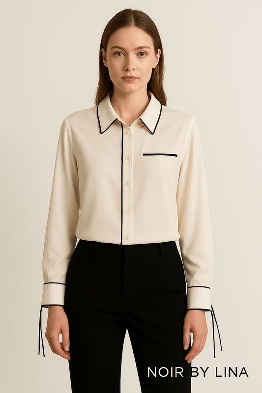 Butterfly Tie Contrast Blouse -  Beige
