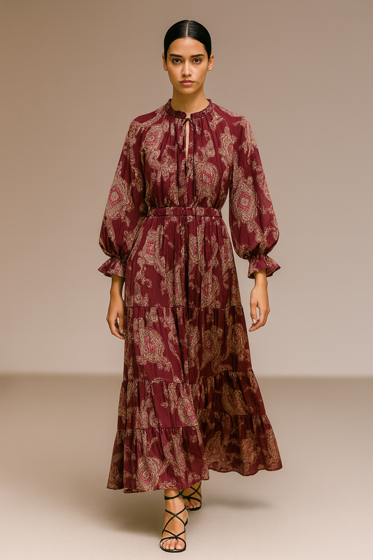 Front view of model wearing the Florence tiered dress