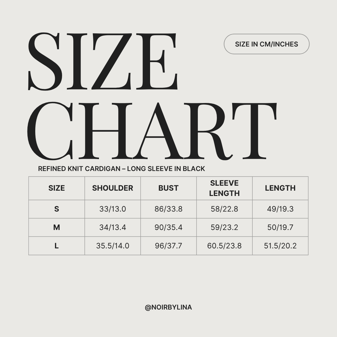 Size guide for the Refined Knit Cardigan, Long Sleeve in Black. Sizes range from S-L