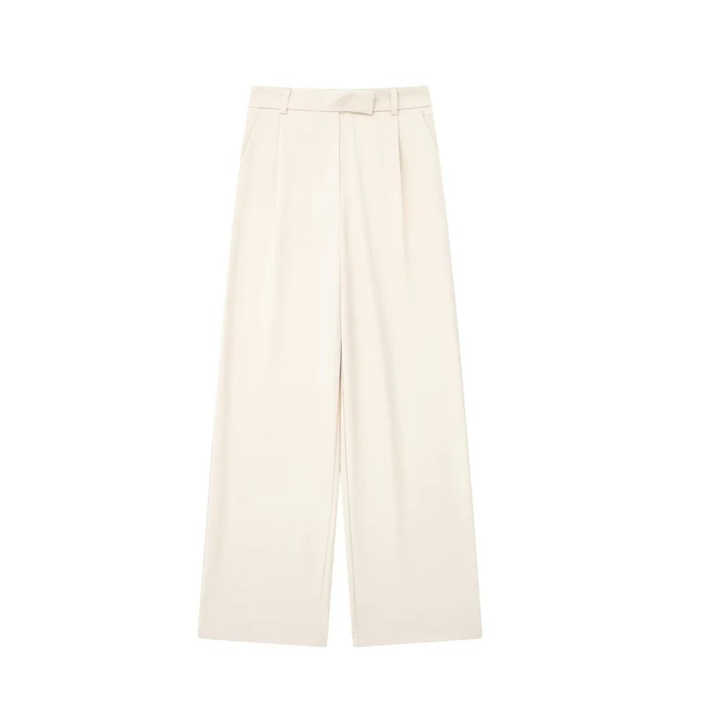 Classic fit straight trousers in beige by Noir by Lina with high waist, front pleats, and wide-leg silhouette