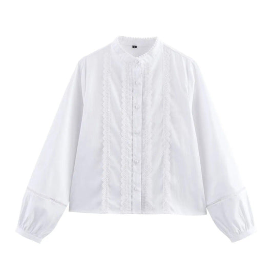 Lace Trim Lantern Blouse - White