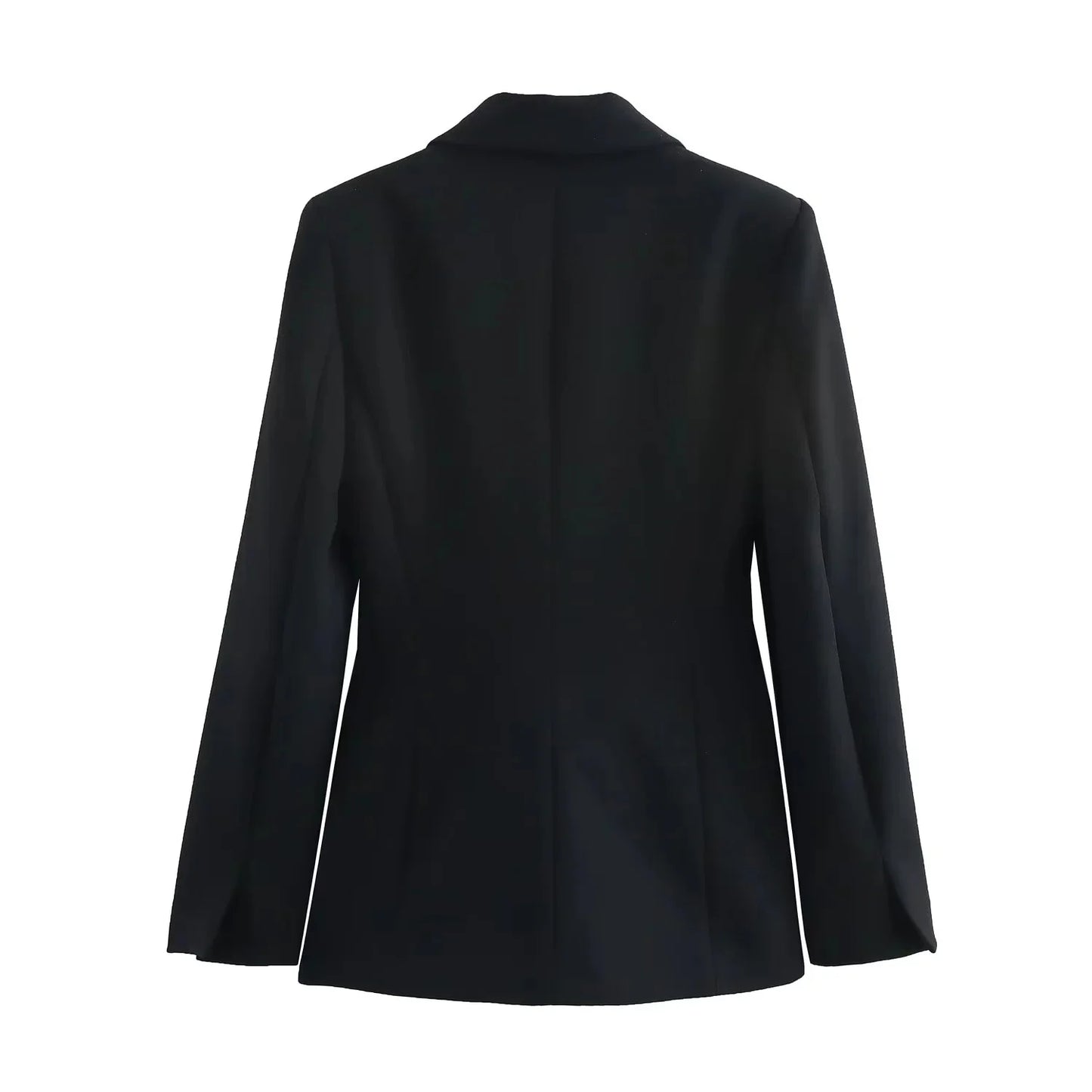 Back view of tailored black blazer from the Noir by Lina Valencia Power Suit, showcasing clean seam lines and subtle structure