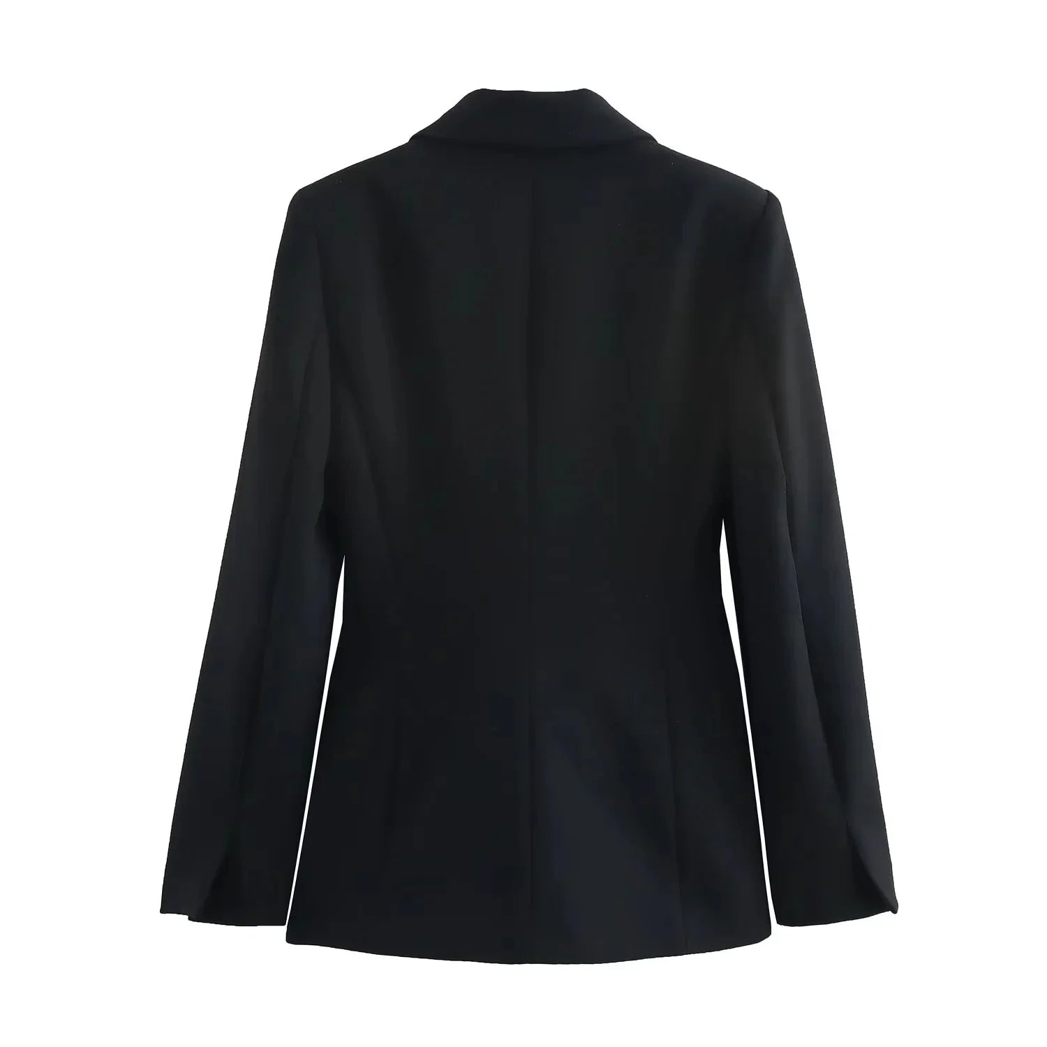 Back view of tailored black blazer from the Noir by Lina Valencia Power Suit, showcasing clean seam lines and subtle structure