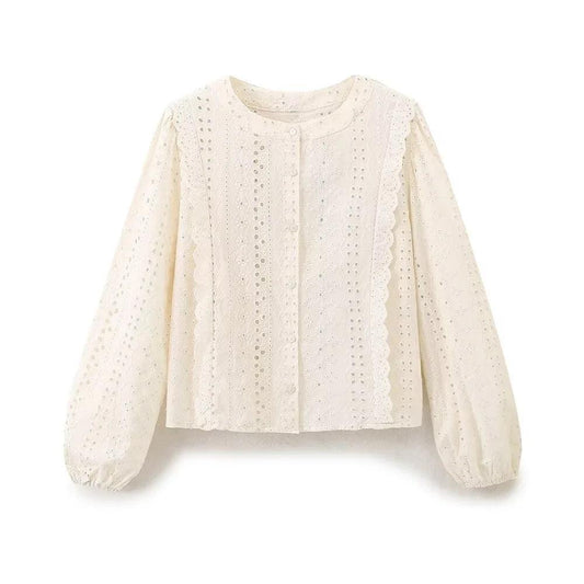 Embroidered Fluff Blouse - Beige