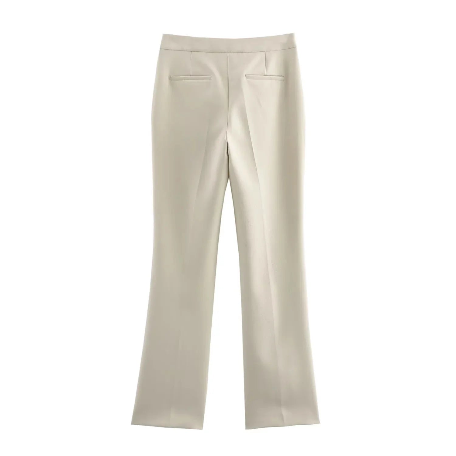 Back view of slim flared trousers in white from the Valencia Power Suit, featuring minimal welt pocket detailing.